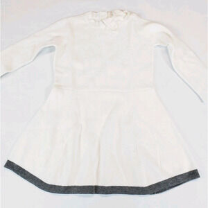 Girls' White Knit Dress with Gray Hem and Ruffle Neck